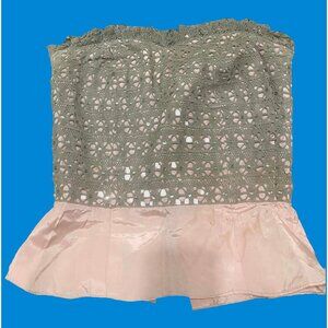 1950s Strapless Crochet Lace Peplum Top | Sage over Blush Satin, Sequins, Boned/